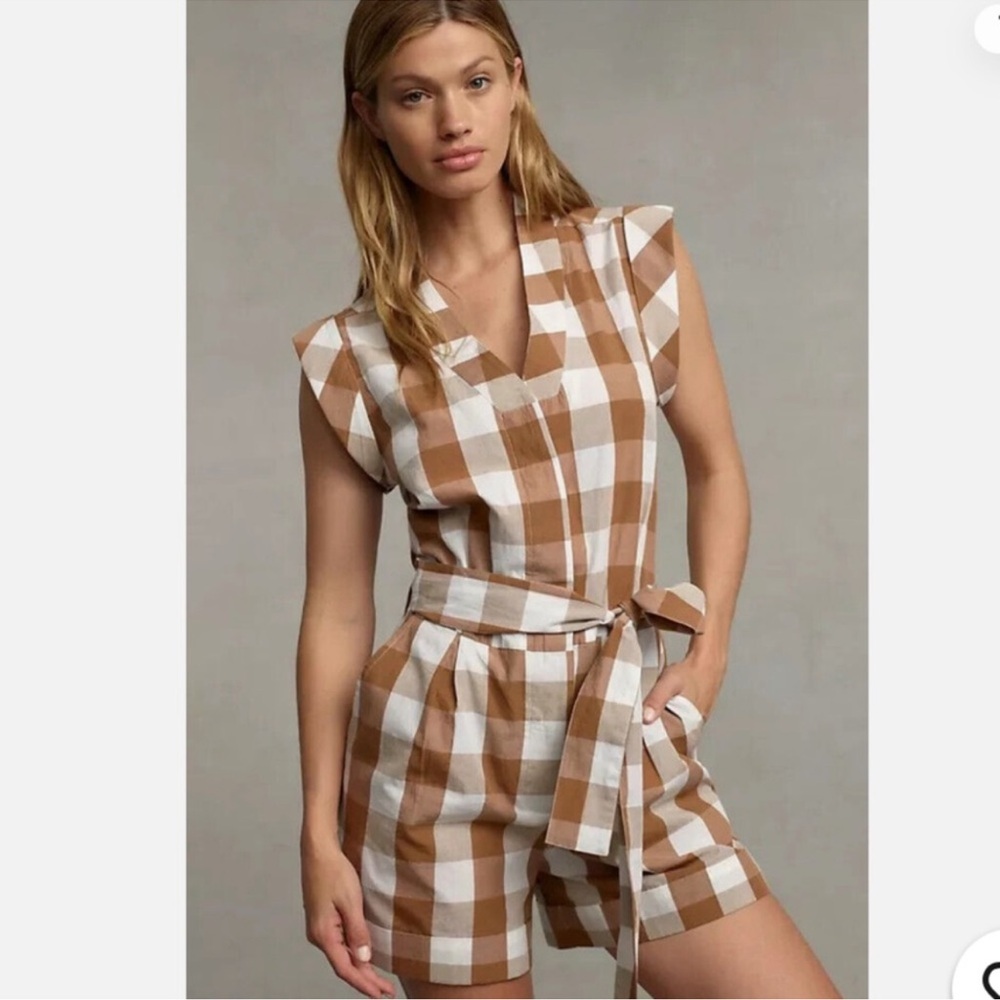 Anthropologie Brown and White Gingham Jumpsuit with Ruffle Detail